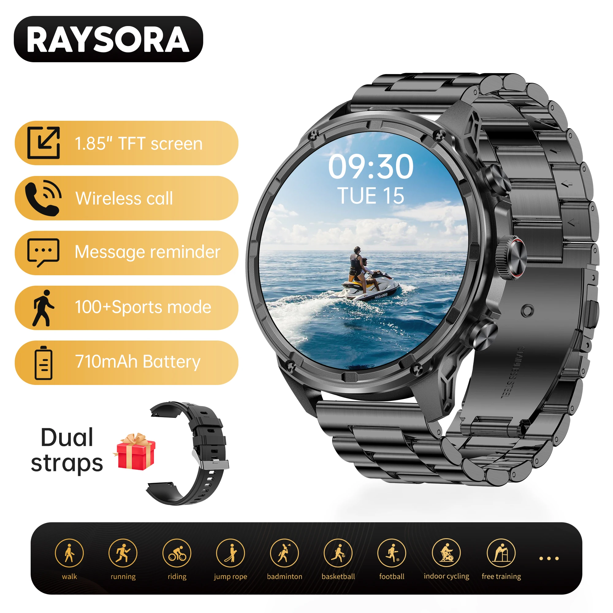 

Мужские умные часы RAYSORA, 1,85 дюйма, водонепроницаемость IP67, ответ/набор номера, дисплей сообщений, поставляется с фонариком, мультиспортивный режим
