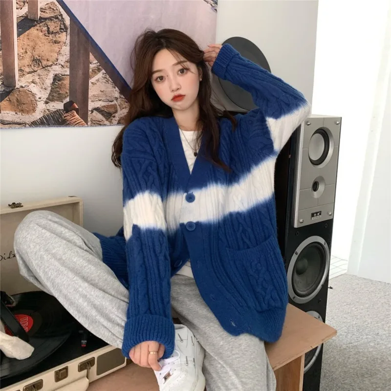 Hanging Dyed Knitted Cardigan New Women's Autumn New Loose Casual Lazy Style Fried Dough Twists Sweater Coat