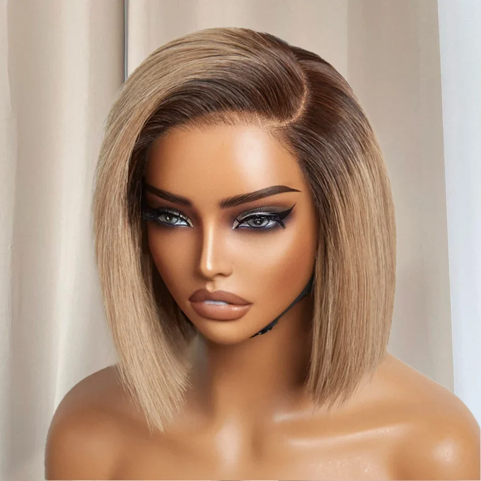 Soft 180Density Short Bob Ombre Blonde Glueless Straight Lace Front Wig For Black Women BabyHair Synthetic Preplucked Daily