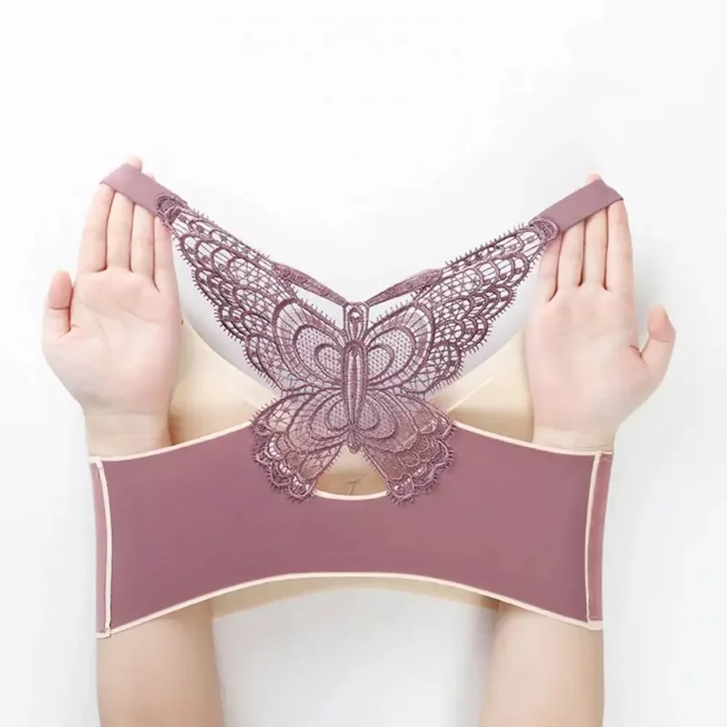 Dámská podprsenka s push-up efektem, bezešvá, s motýlí krajkou, odolná proti nárazům, pohodlná, krásná záda, sportovní tílko - náhled 4