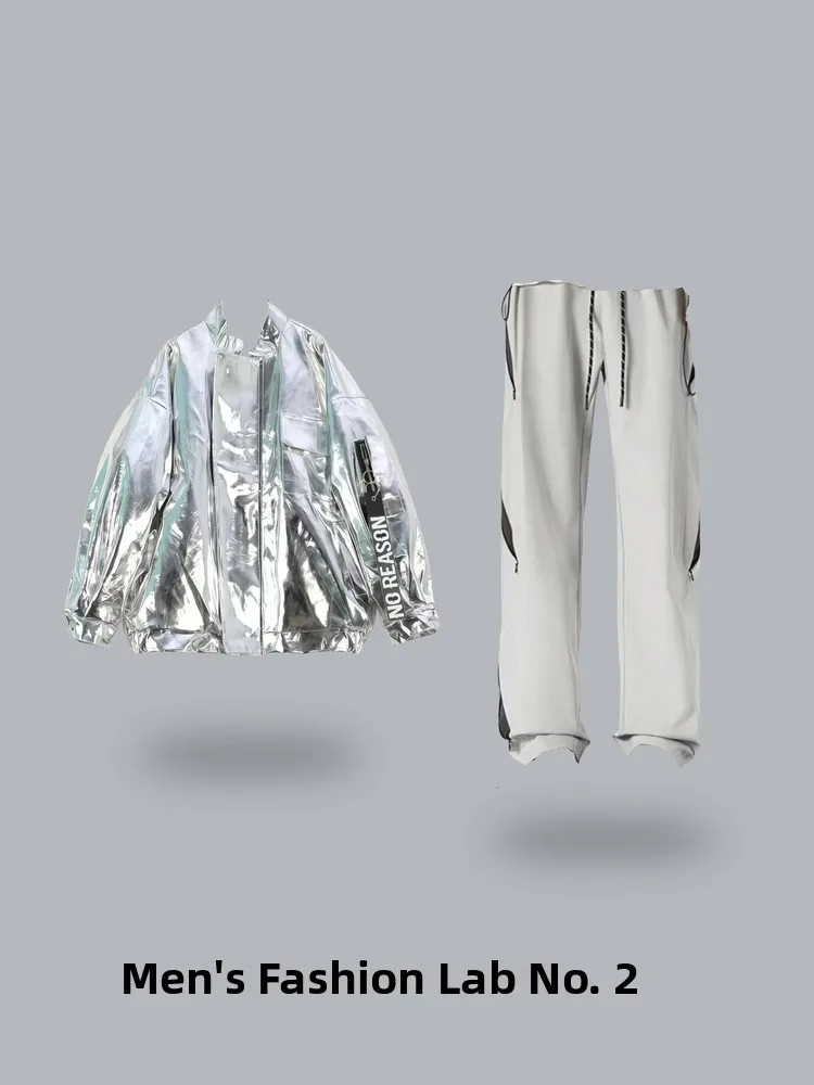 

Faionable Street Dance Hip Hop iny Metal Performance Jaet Pants Set Straight Leg Zipper Casual Trousers Outfit