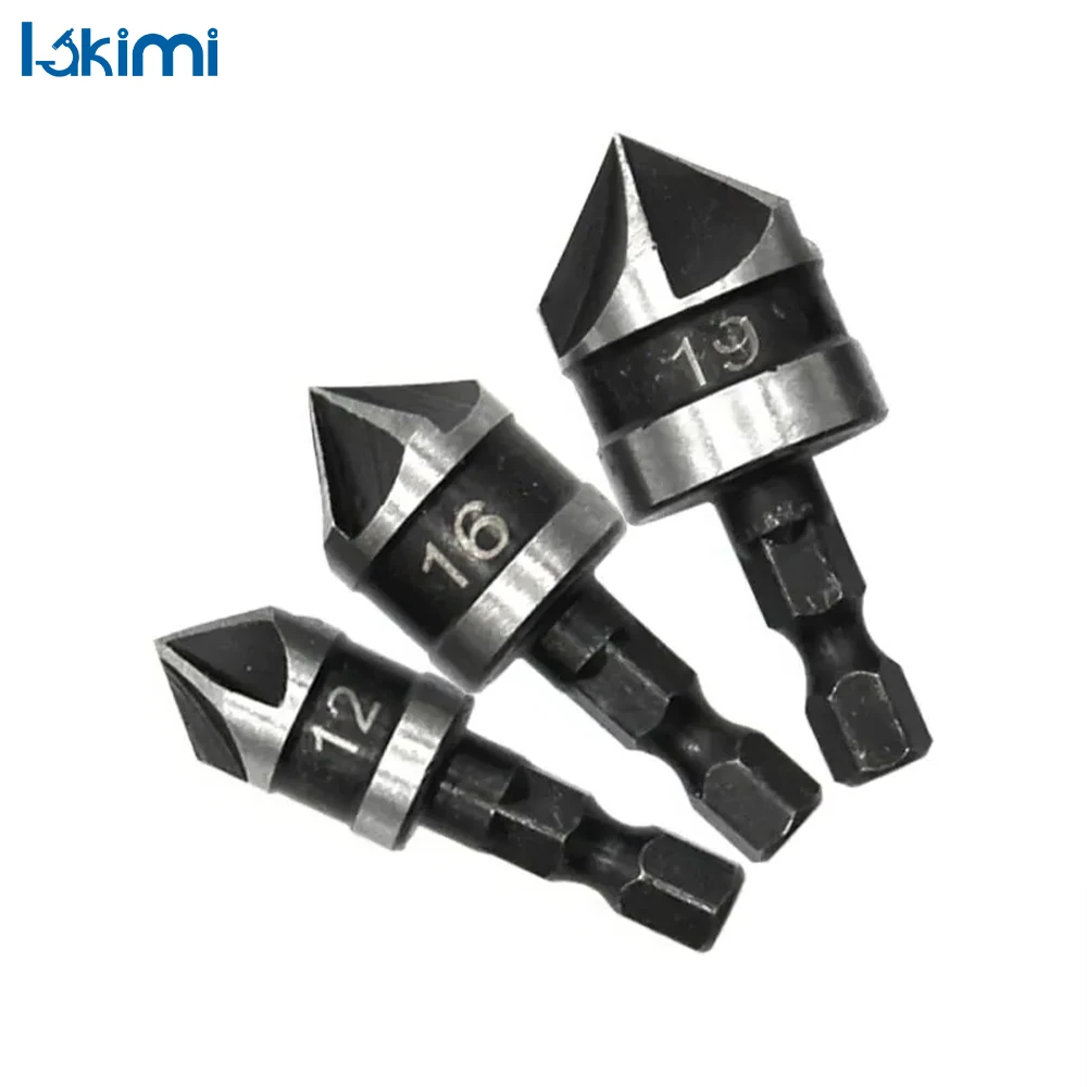 3PC 90 Degree Hexagonal Shank Chamferer, Black Five Blade Countersink Drill 12/16/19mm Woodworking Hole Opener Tool Set LK-AA141