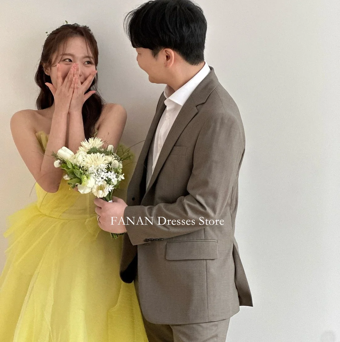 FANAN Strapless Simple Evening Party Dresses Tulle Yellow Korea Backless Ruched Wedding Women Gowns Event Prom Gowns Customized