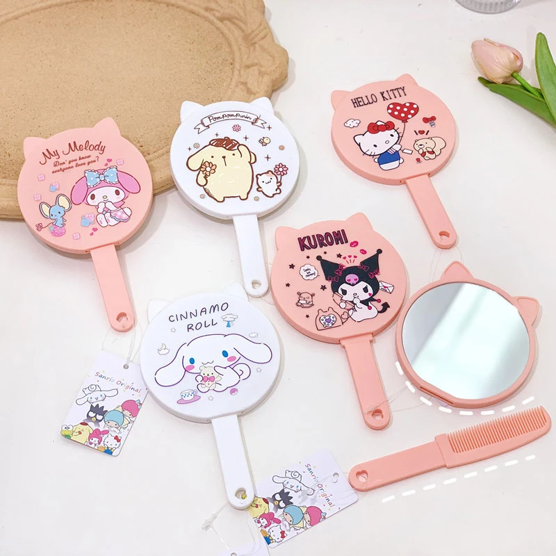 Cartoon Sanrio Hello Kitty Kuromi Melody Kawaii Mirror Comb Handheld Extracted Travel Hair Brush Massage Styling Tool