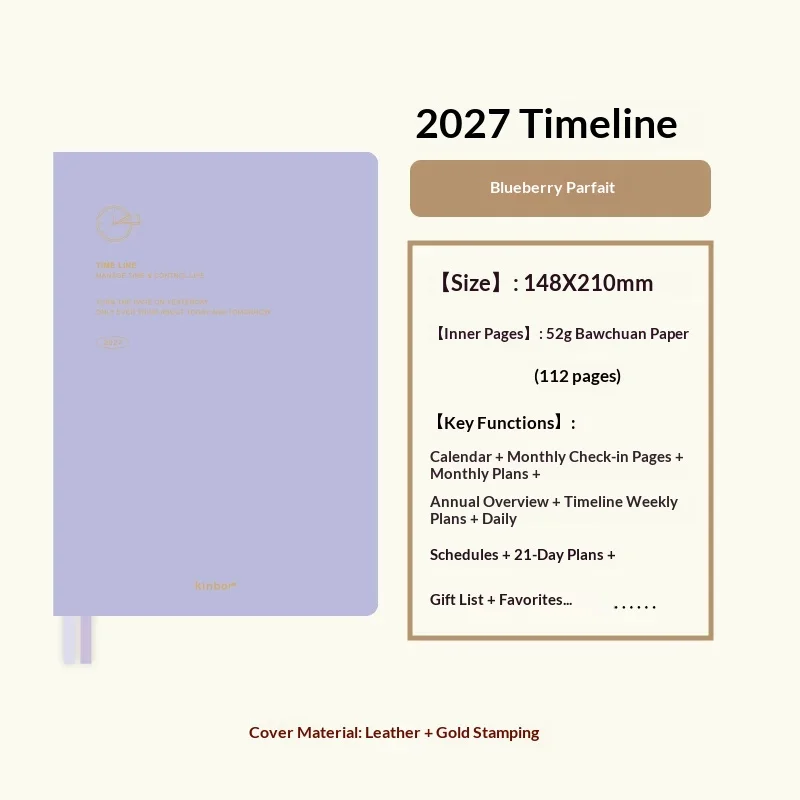 NEU 2027 Kinbor A5 Zeitleisten-Planer Notizbuch, 52g Bachuan-Papier, reine Farbe, eine Woche, 2 Seiten, effizientes Terminplaner-Buch, minimalistisches Design