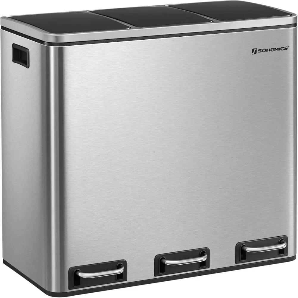SONGMICS Cubo de Basura para Cocina, 3 x 18 L, 3 Compartimentos para Reciclaje, 15 Bolsas, Restos de Comida, Tapas de Cierre sua