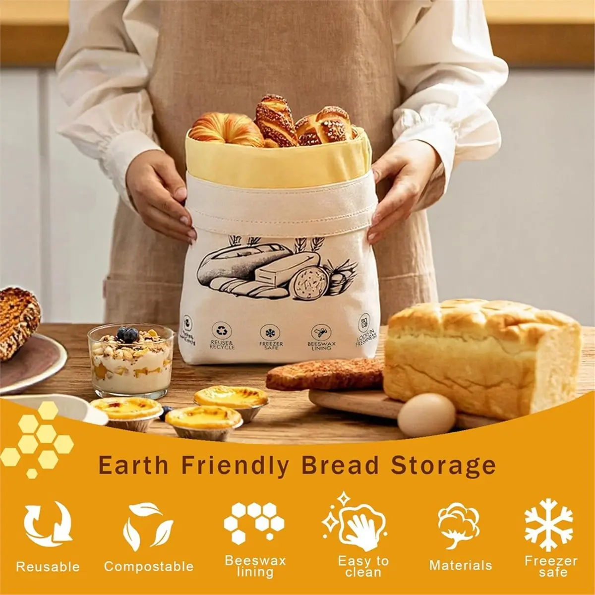 2-Pack Reusable Beeswax Bread Bags for Sourdough & Homemade Bread,Cotton Waxed Bags Keeps Longer