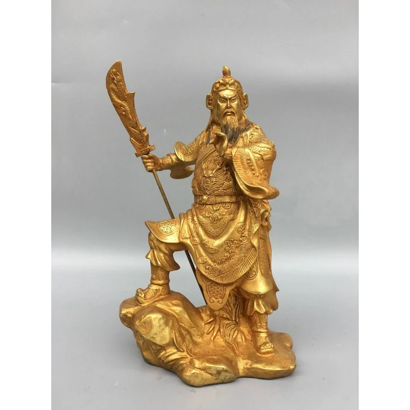 

9.5inch Antique Tibetan Buddhist Temple Qianlong Mark Bronze Gilding guangong Statue