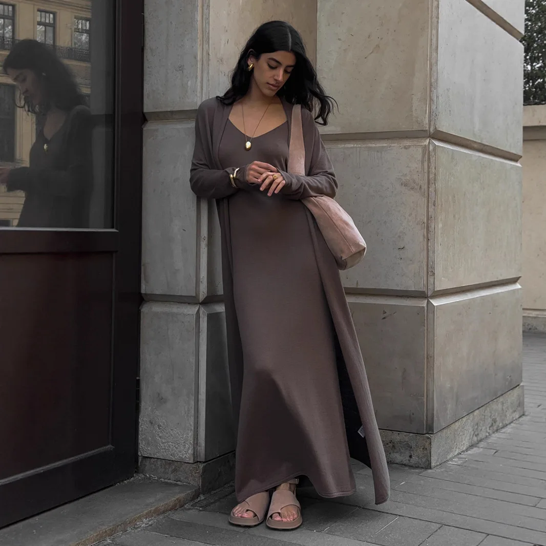 DSMTRC Knit Cover Up Cardigan+Dress 2Pcs Sets Women 2025 Autumn Winter Solid Loose Knitwear Dresses Street Casual Cardigan Suits