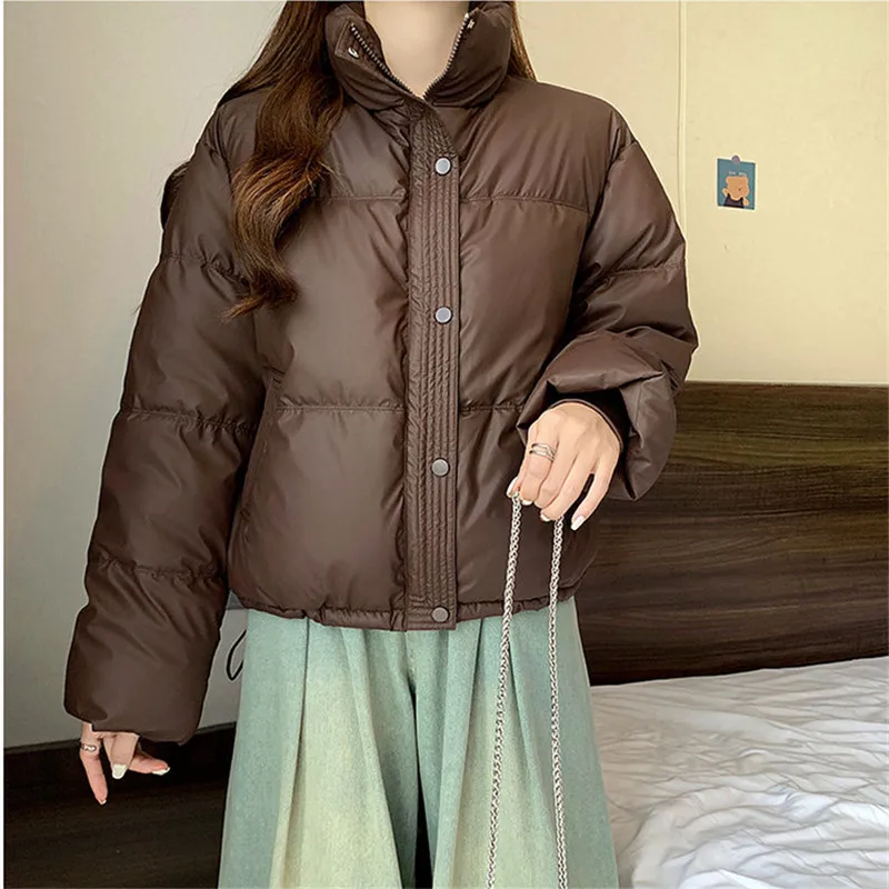 

Winter PU Leather Down Cotton Jacket Women Parkas New Fashion Short Thick Windproof Warm Bread Padded Coat Female Outwear T1584