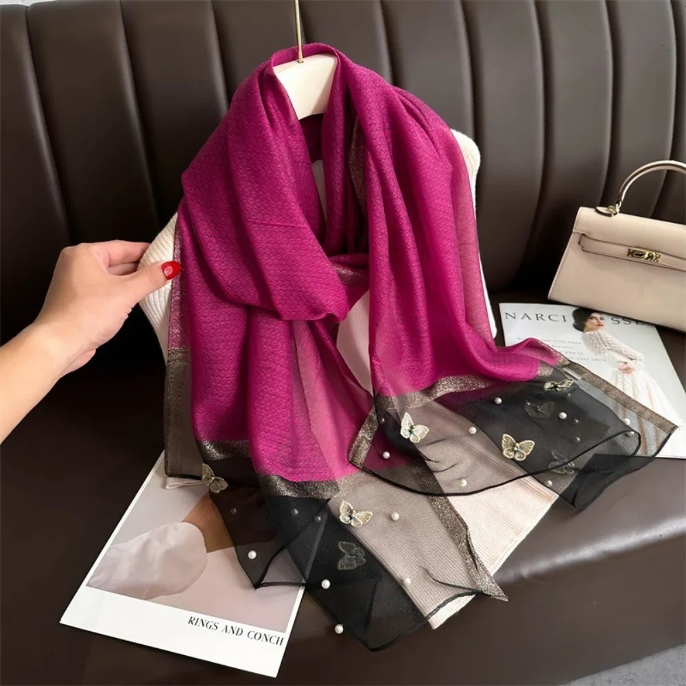

Headkerchief Thin Silk Scarf Pearl Foulard Butterfly Embroidery Scarf Luxury Large Women Hijab Shawls Female