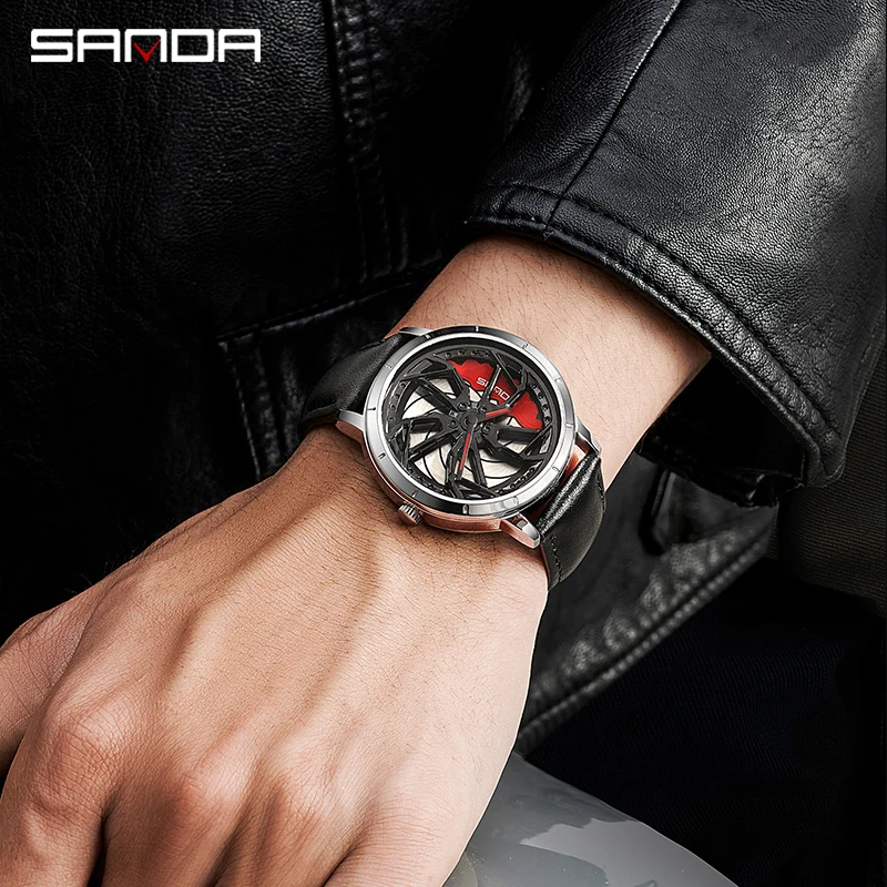 SANDA 1086 360 Degrees Rotating Wheel Dial Men\'s Quartz Watches Men Fashion Business Racing Car Rim Wristwatch Relogio Masculino