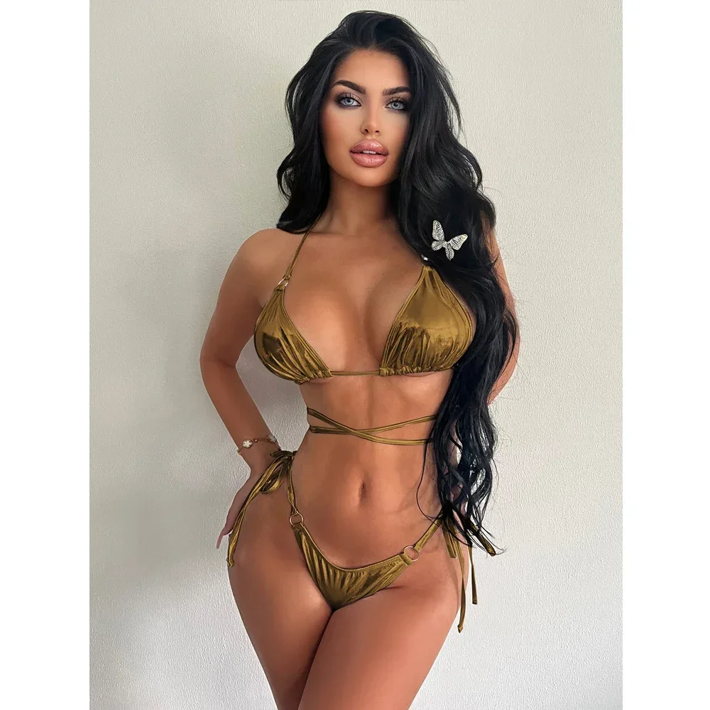 Costume da bagno a pieghe tinta unita 2024 Donna Bikini perizoma in due pezzi Costume da bagno sexy con coppa a triangolo Halter Lace-up Costume da bagno aperto sul retro