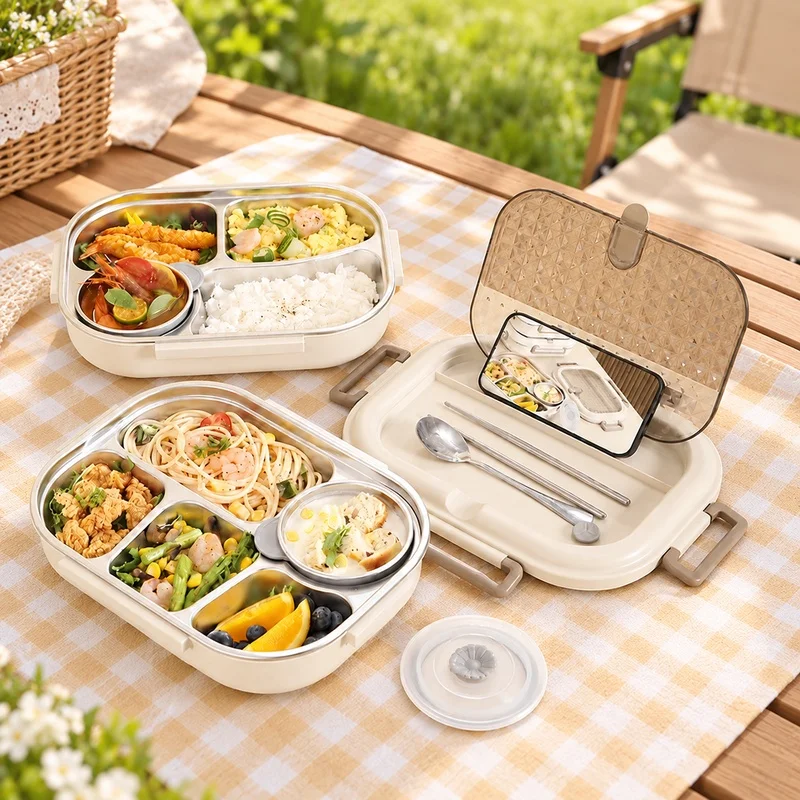 Insulated Bento Lunch Box Made of 304 Stainless Steel with Leak-Proof Lid and Portable Carrying Case for Work, School, and