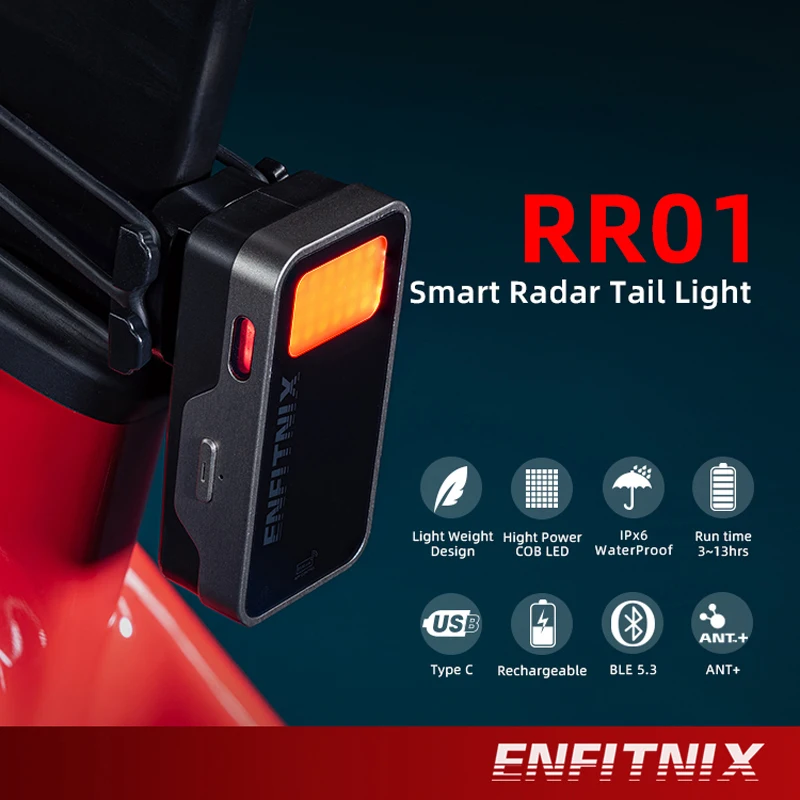 

ENFITNIX RR01 Smart Radar Tail Light New Bicycle Brake Sensing Lamp Waterproof LED Charging Cycling Saddle Seatpost Taillight