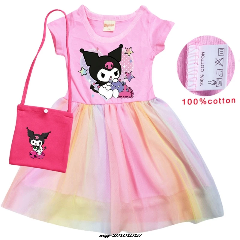 Hot Lovely Kuromi Melody Clothes Baby Girls Casual Dresses Kids Cartoon Clothes Children Short Sleeve Wedding Dress + Bag Gift