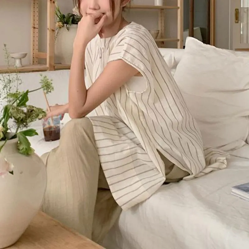 Casual Korean Striped Blouse Women's Clothing Sleeveless Loose Summer Commute Fashionable Spliced Basic O-Neck Vintage Shirts