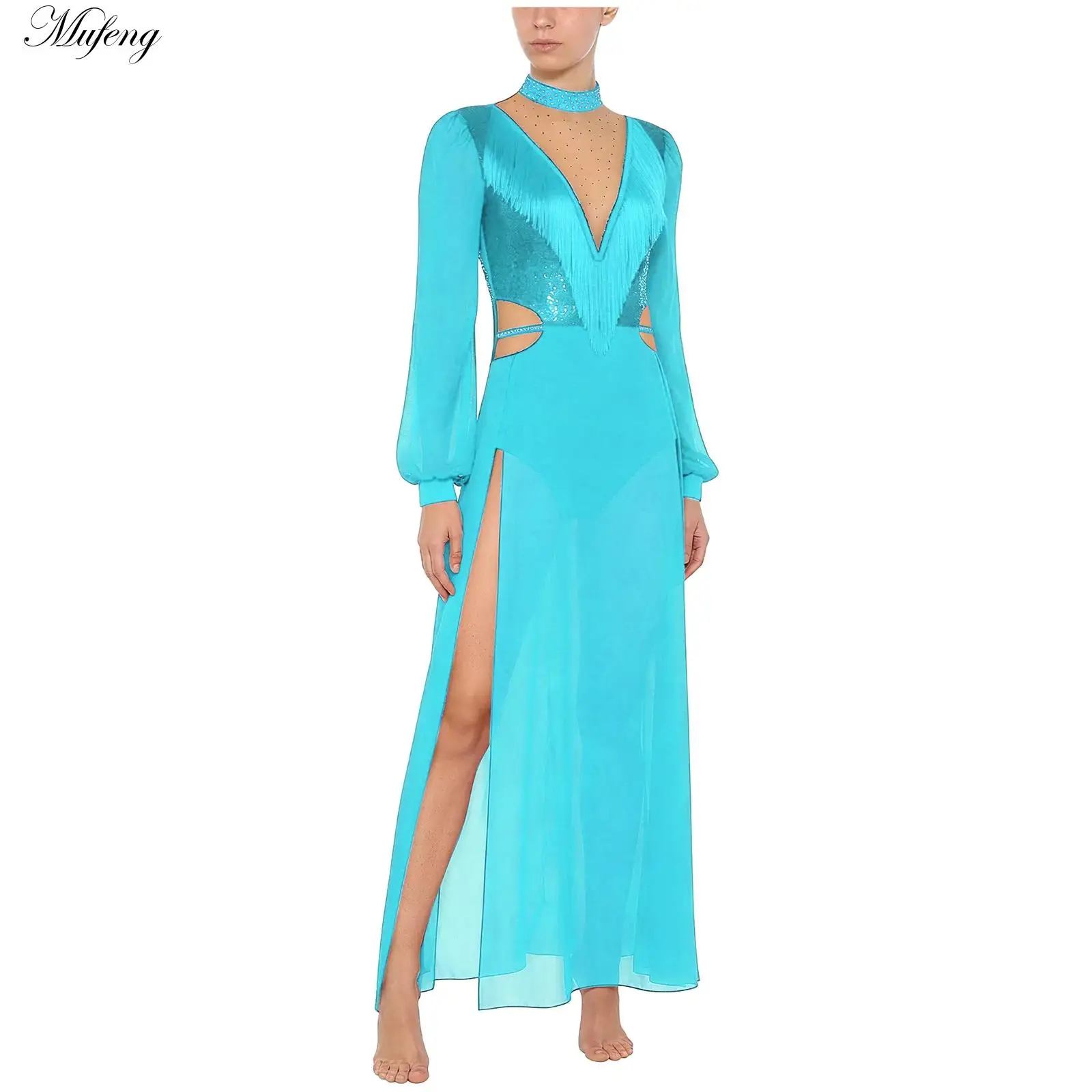 

Женское платье для гимнастики, фигурного катания, балета и лирического танца с боковым разрезом, сетчатыми вставками, драпировкой, блестками, стразами и бахромой