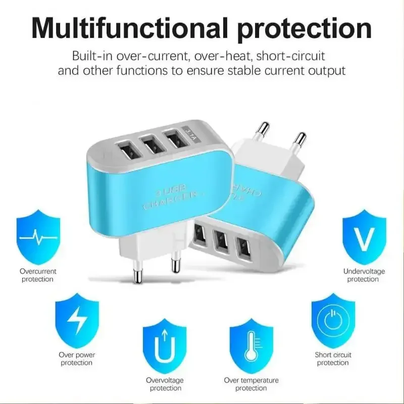 Universal 3 USB Multi-Port Wall Home Charger US/EU Plug Wall Adapter Cube Block AC 110-220V Candy Color Travel Charger Adapter