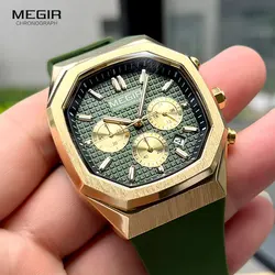 MEGIR Green Gold Quartz Watch Men Chronograph Sport Wristwatch with Luminous Hands Silicone Strap Date 24-hour Octagon Case