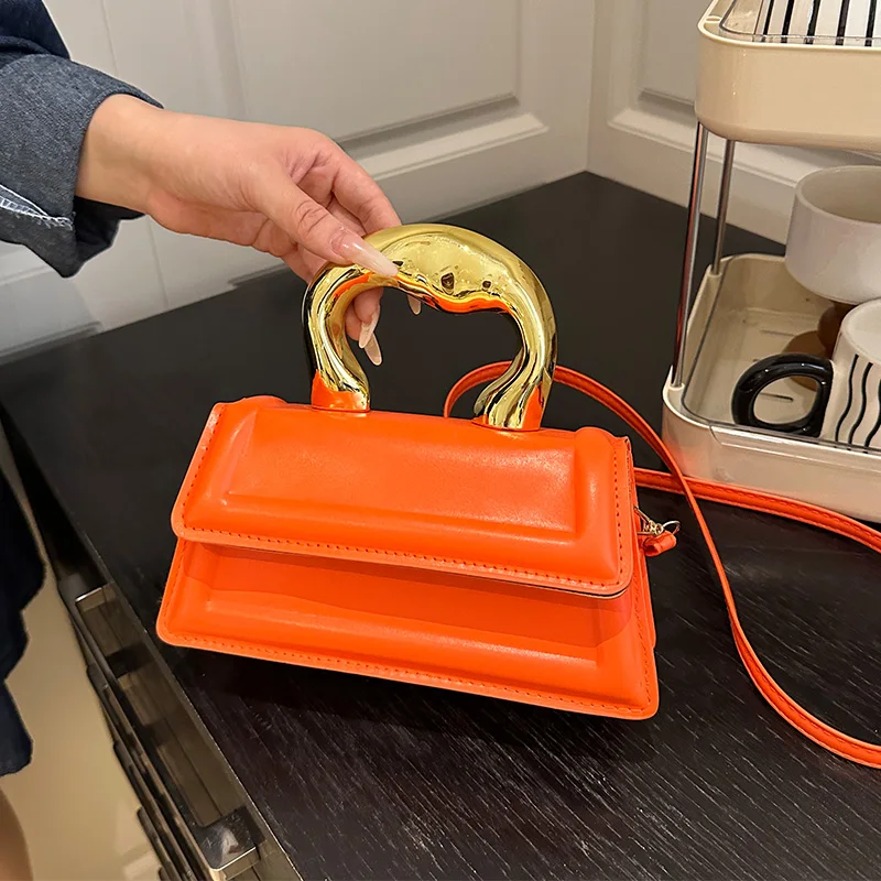 

Orange Pu Leather Bag Small Handbag For Women Fashion Mini Square Crossbody Bag With Short Handle Tote Luxury Evening Clutch Bag