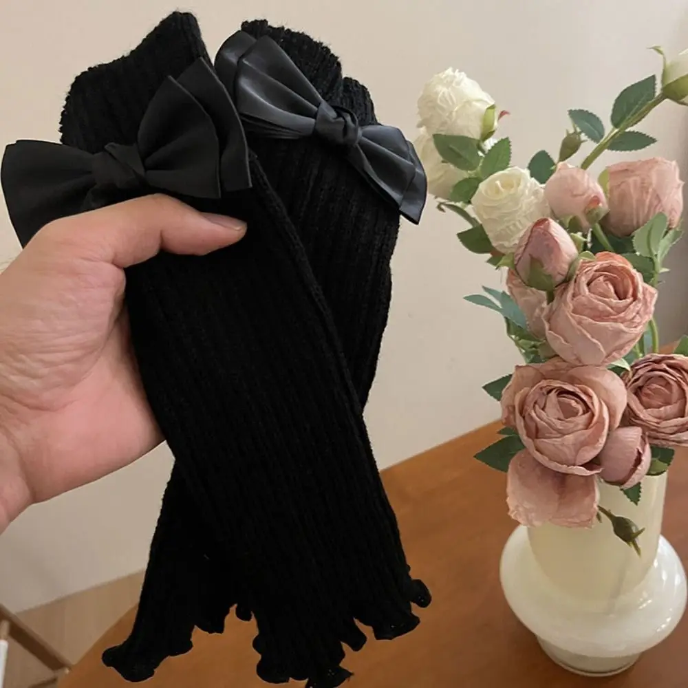 Elastic Solid Color Knitted Bow Gloves Y2k Gothic Wool Sleeve Cuff JK Hand Sleeve Arm Warmers Girls