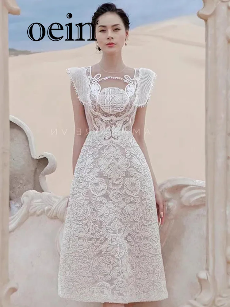 

[oein] Vietnamese Niche Brand Dress 2023 Summer New Round Neck Lace Embroidery Goddess Design Dress