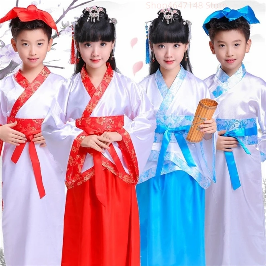 Spring Autumn New Boy And Girl Oriental Retro Hanfu Children Chinese Style Embroidery Dress Kid Performance Role Play Costume