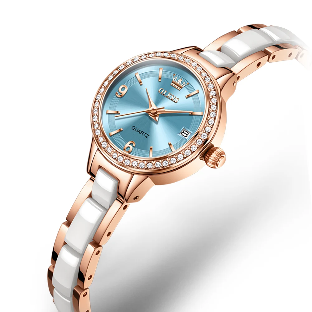 OLEVS Ceramics Women's Watches Elegant Rose Gold Rhinestone Dial Automatic Mechancial Watch Gift Box for Women