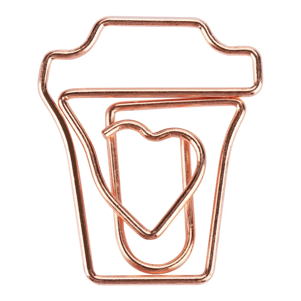 12pcs Clips Box Rose Gold Paper Clips Metal Electroplating Coffee Cup Metal Paperclips Funny Bookmarker Wedding Decoration