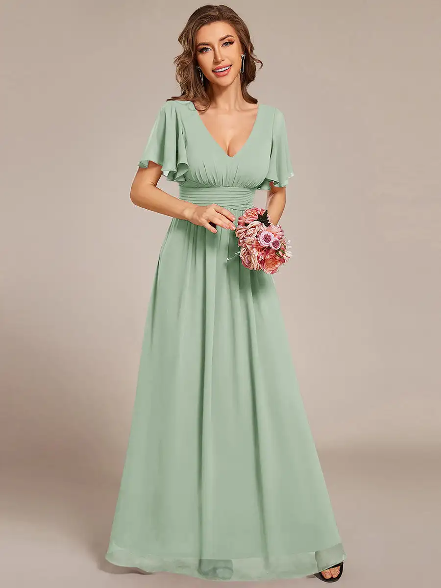 

Elegant Evening Dresses Ruffles Sleeves Back Frenulum Knotting 2025 Ever Pretty of Mint Green Chiffon Bridesmaid Dresses