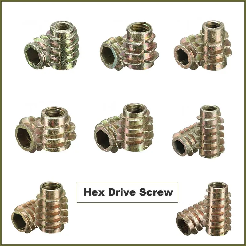 

10PCS M4 M5 M6 M8 M10 Hex Drive Screw In Threaded Type E Insert Nut Screws Assortment For Wood 9-SIZE Wood Furniture Bed Table