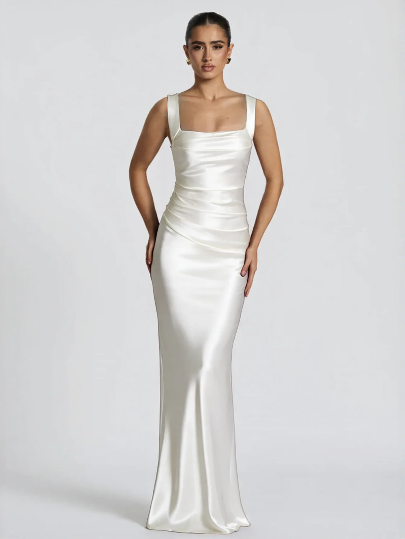 Damen Satin Abendkleid mit quadratischem Ausschnitt, ärmellos, Meerjungfrauen-Schnitt, gerafft, figurbetont, langes formelles Ballkleid, elegantes, schickes, sexy Maxikleid – Detail 6