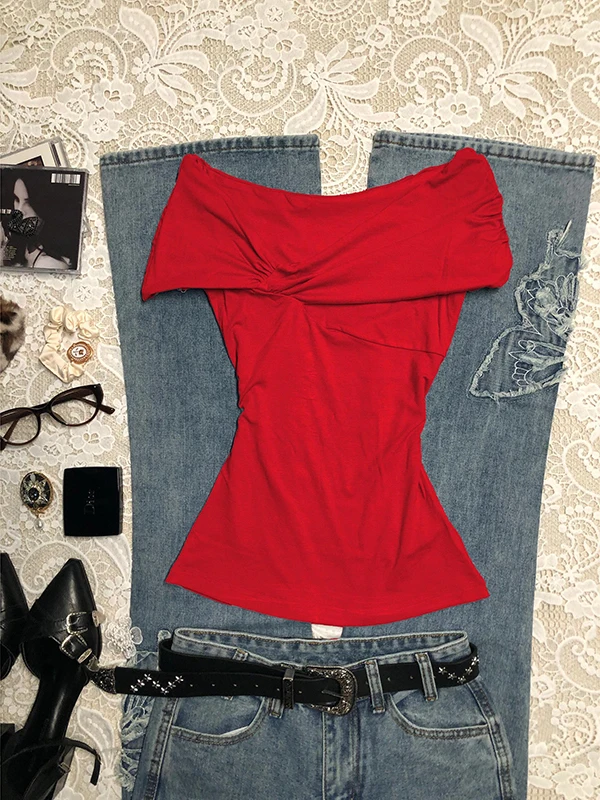 

Винтажная красная женская футболка ort-Sve на одно плечо, облегающая корейская футболка для поездок на работу, чистый цвет, хлопок, влажность ng