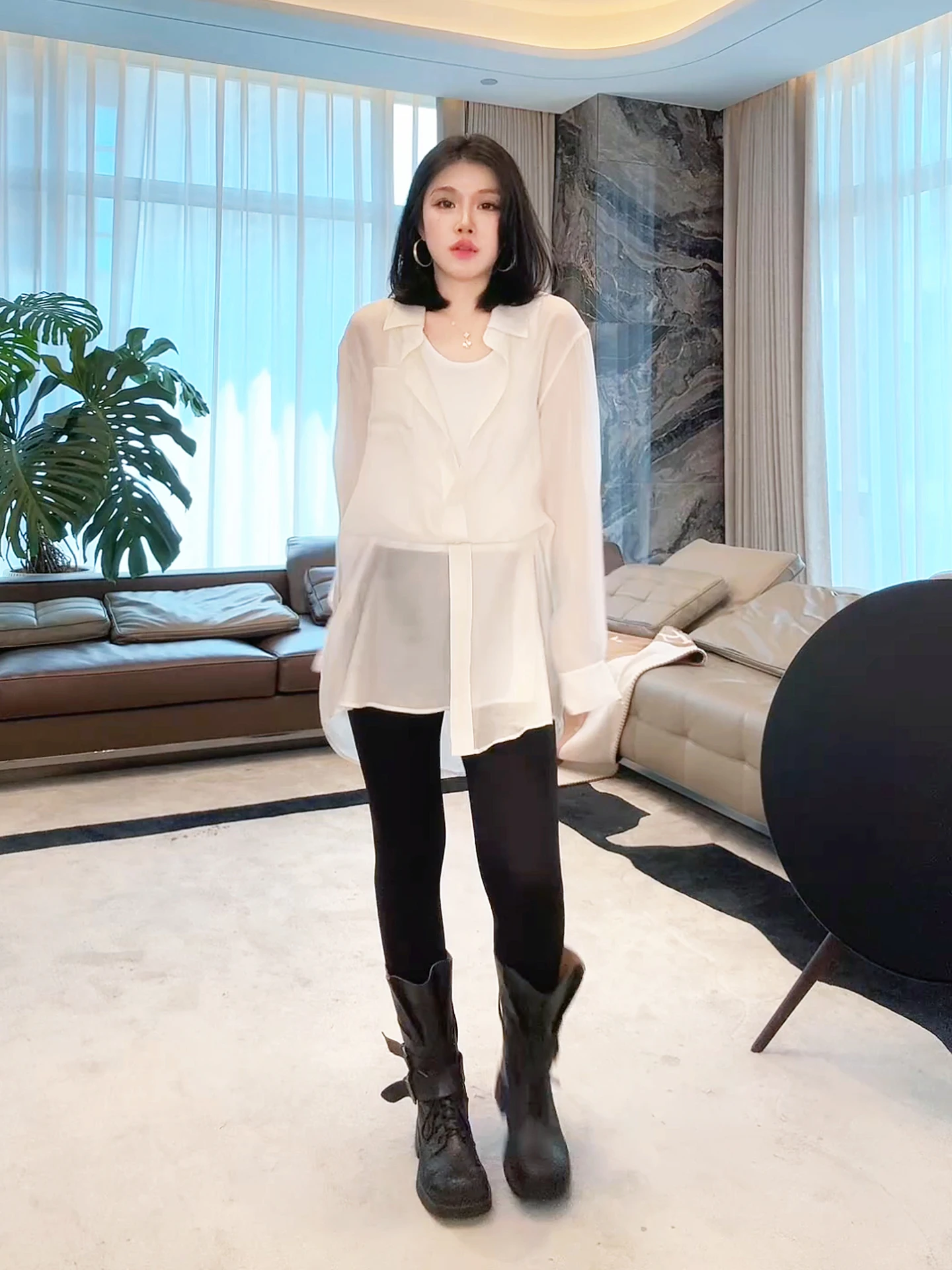 

Удобная модная блузка с длинными рукавами и плиссированными деталями, длина до бедра ME【Float Light nt Beau】M6880