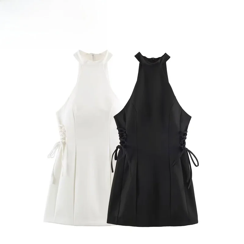 Fashionable  Knot Side Tie Neckless Dress Women's A-Line Skirt Stylish Casual Polyester Fabric No Sleeve Slim Fit