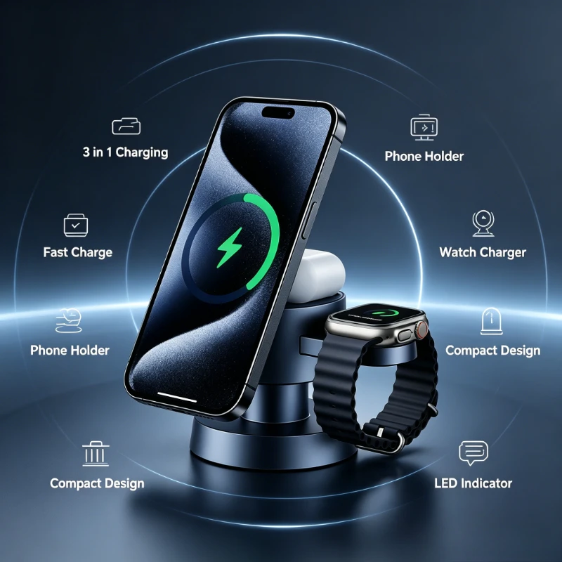 3-in-1 Magnetic Wireless Charger Stand Fast Charging Station Compatible With iPhone Apple Watch AirPods Foldable Holder Daily