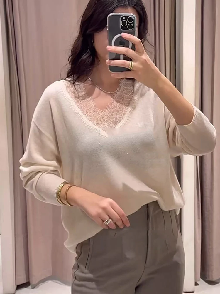 

﻿ TFMLN Spring New Womens Spliced Lace Sexy Sweaters Elegant V Neck Long Sleeves Fashion Pullover Sweater Female Clothing