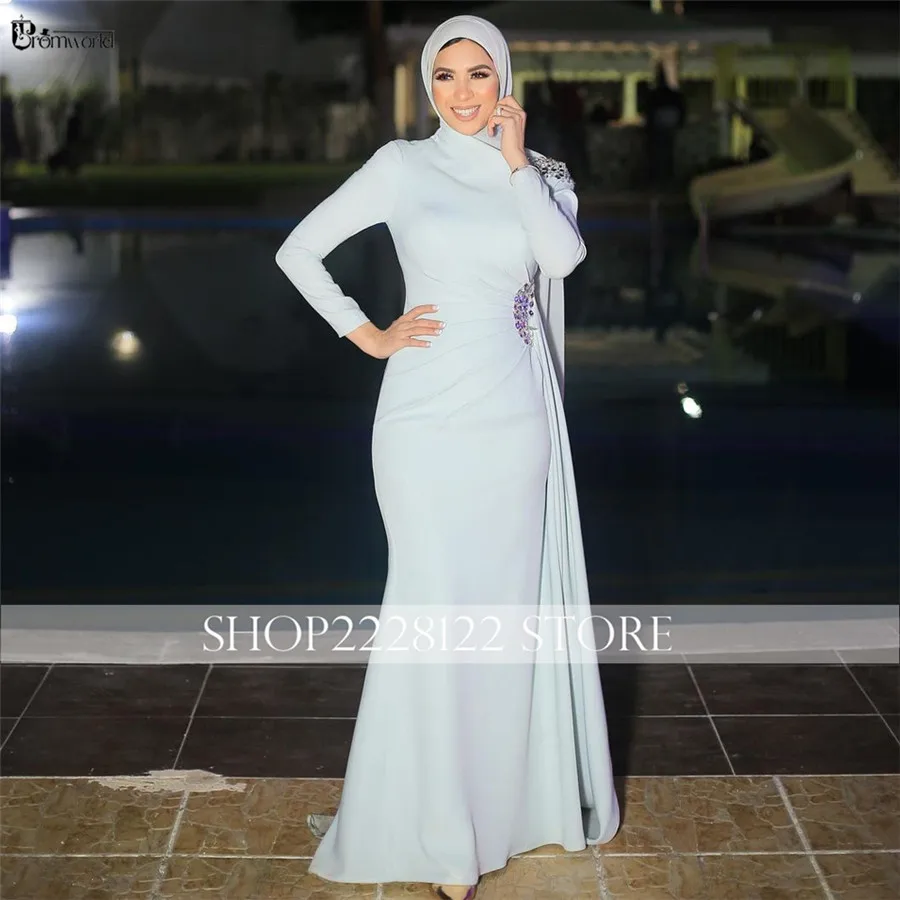 Blue Modest Formal Evening Dress Mermaid Crystal Chiffon Long Sleeve Evening Gown robe soirée luxe dubai