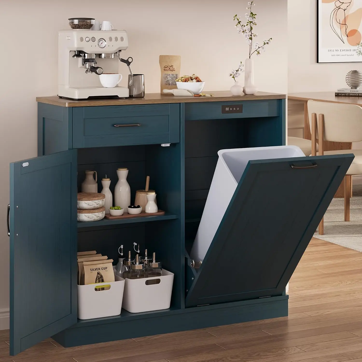 Double Tilt Out Trash Cabinet Kitchen Island with Pull Out Storage Wood Dog Proof Garbage Bin 10 Gal, Customized
