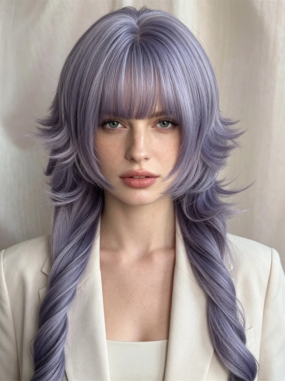 Purple Wolf Cut Wig with Twin Braids – Synthetic Hair, Layered Bangs & Curly Ends for Anime, Gothic, Lolita Cosplay Costume