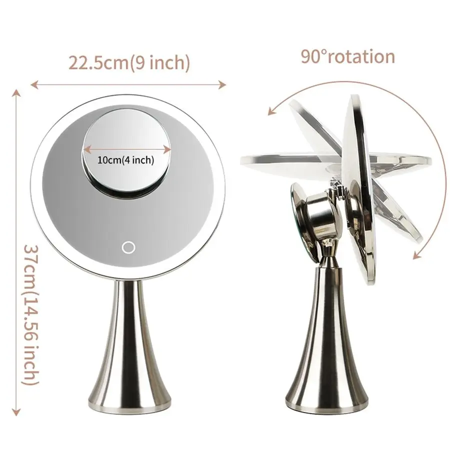 Miroir de maquillage éclairé 9, miroir grossissant double 5x 10x avec 3 couleurs, luminosité réglable, rotation à 360, rechargeable 4000 mAh, femme