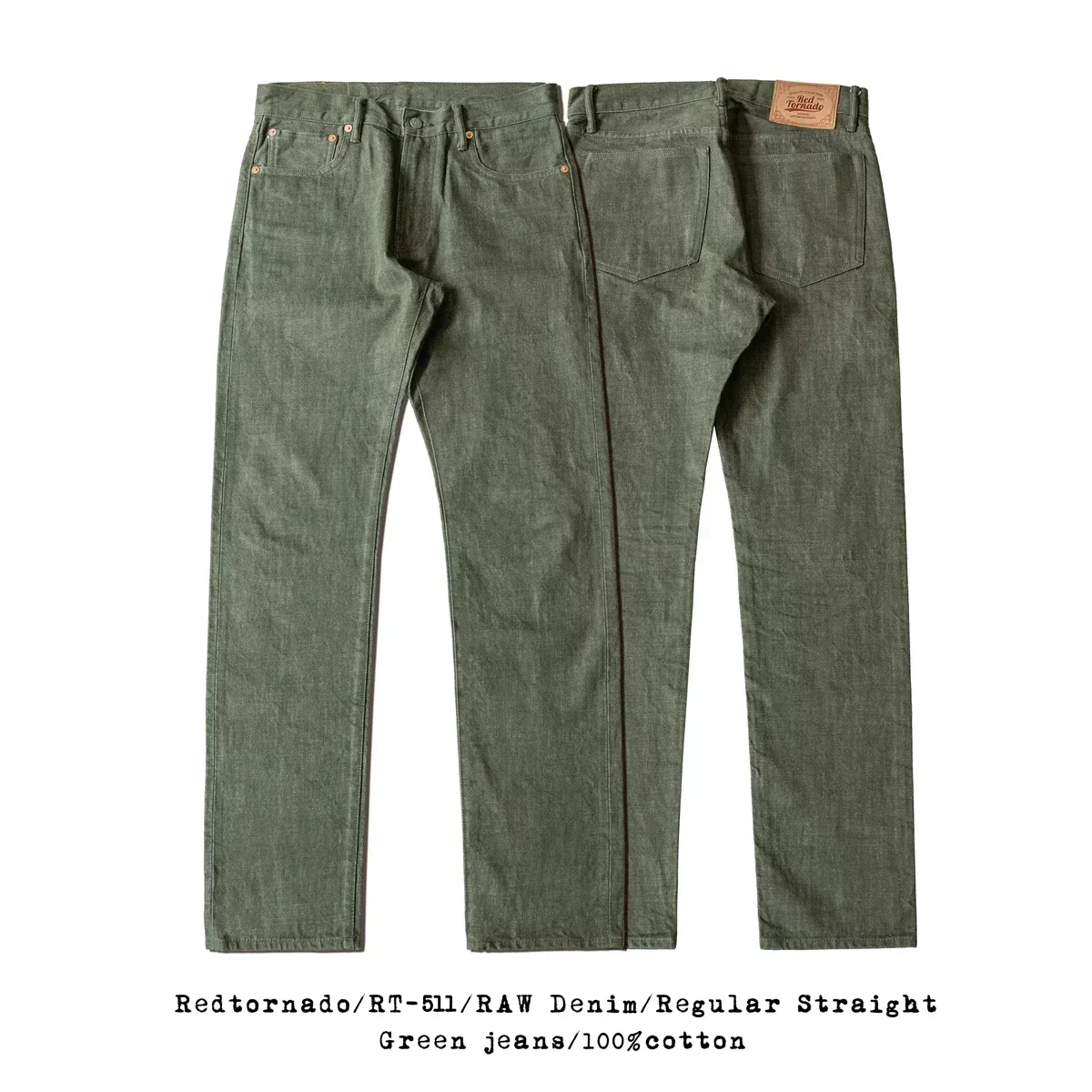 Vaqueros de corte recto regular para hombre Red Tornado en pantalones vaqueros con orejeras de estilo resistente verde