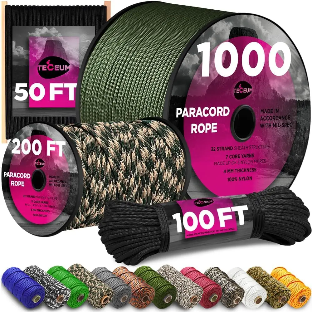 

750 lb Paracord Rope 1000ft/200ft/120ft/100ft/50ft - Type IV Nylon Utility Cord for Camping, Survival, Outdoor Gear - 35+ Colors