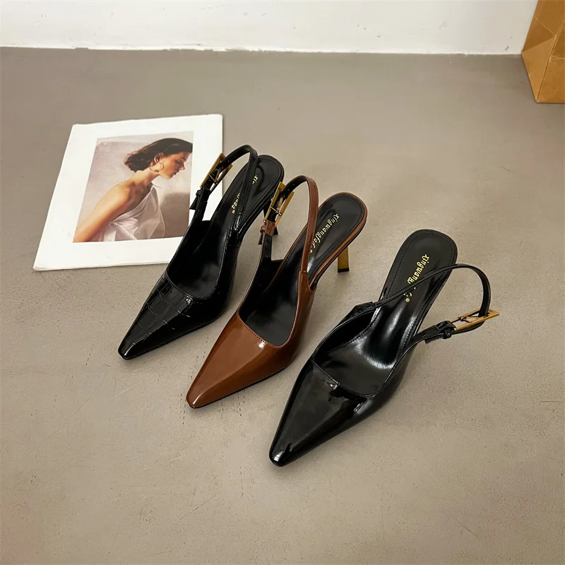 Brown High Heels Women Pointed Toe Slingback Shoes Black Patent Leather Ladies Pumps Summer Office Shoes Sexy Stiletto