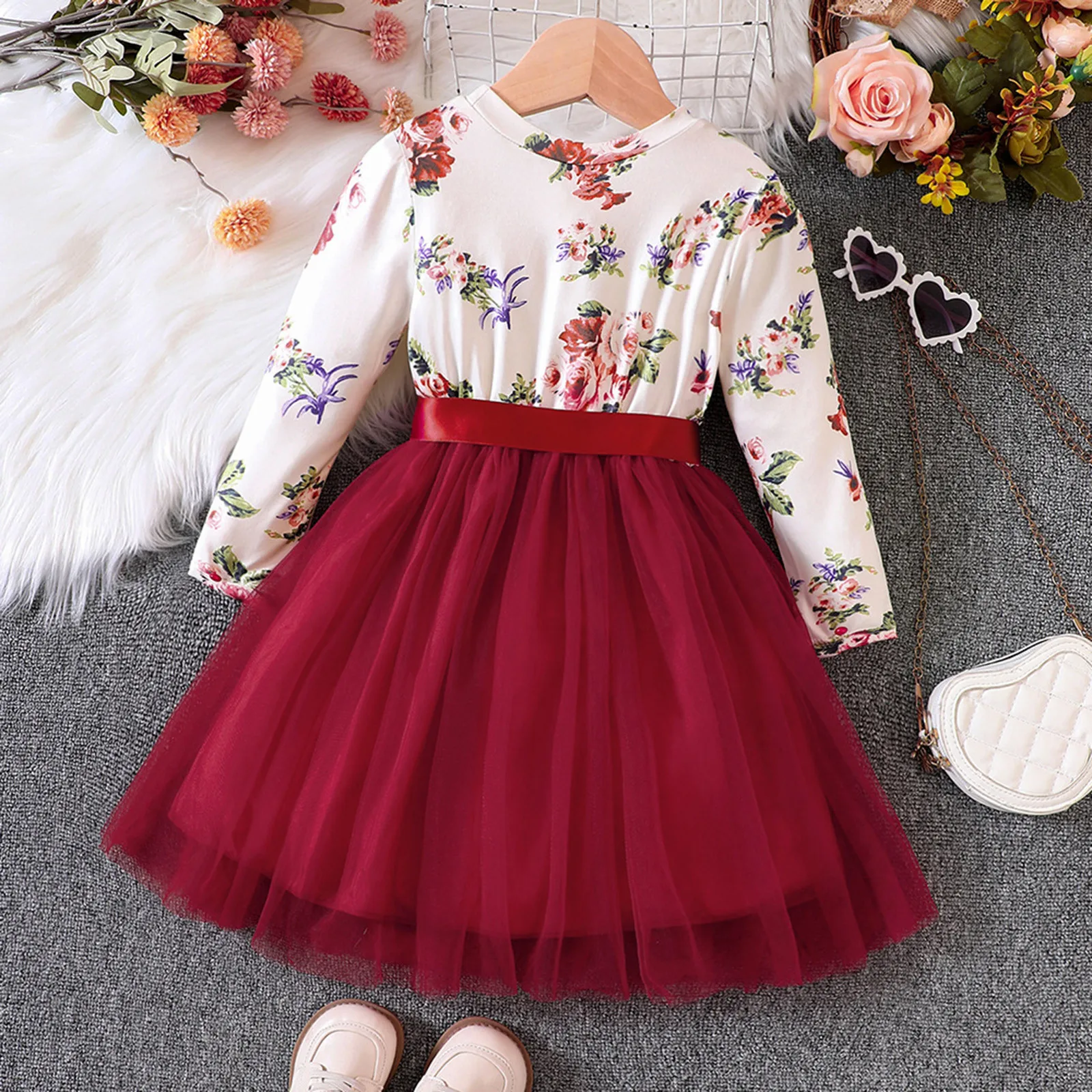 Girl Dress 2023 Autumn Kids Clothes Long Sleeve Floral Print Tulle Princess Carnival Party Dress for 1-5 Years Christmas Clothes