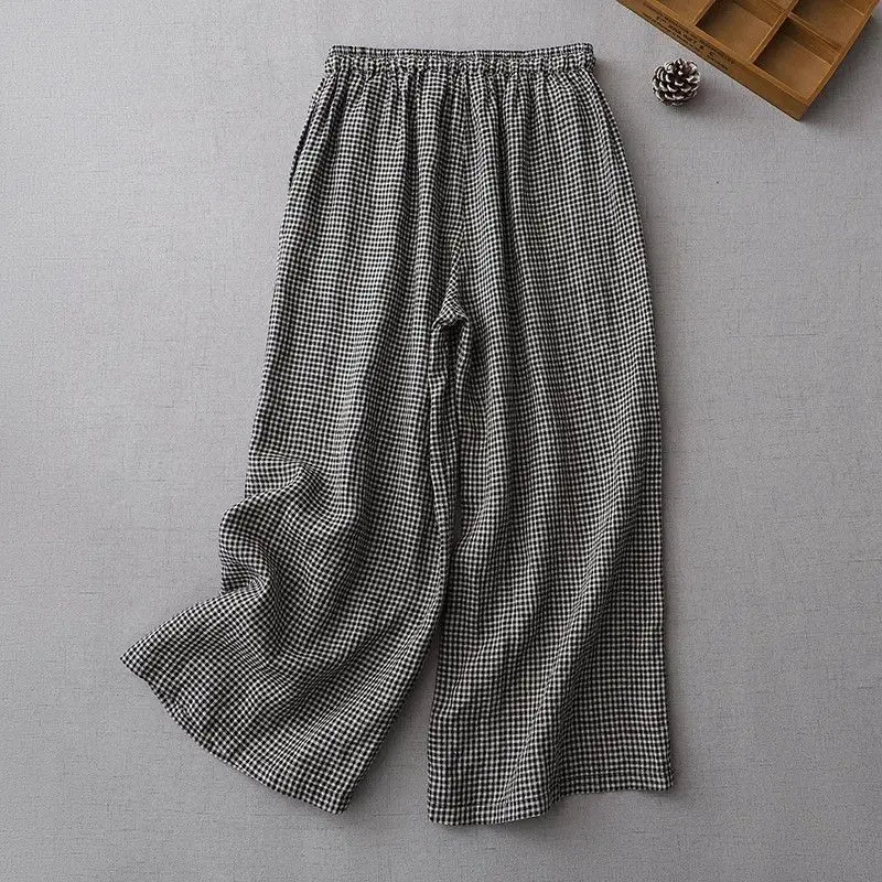 Flax Wide Leg Pants Women Clothing Fashion Loose Plaid Elastic Waist Pants Summer All-match Plaid Lacing Loose Waist Trousers