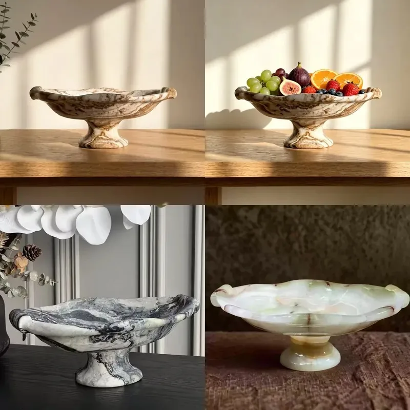 High Foot Agate Marble Fruit Plate Hand Carved Stone Bowl Modern Home Dining Table Decoration Indoor Villa Ornament