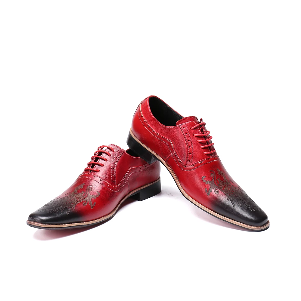 

Handmade Loong Pattern Men Pointed Toe Oxfords Shoes Red Celebrate Wedding Dress Shoes Male Plus Size Real Leather Formal Shoes