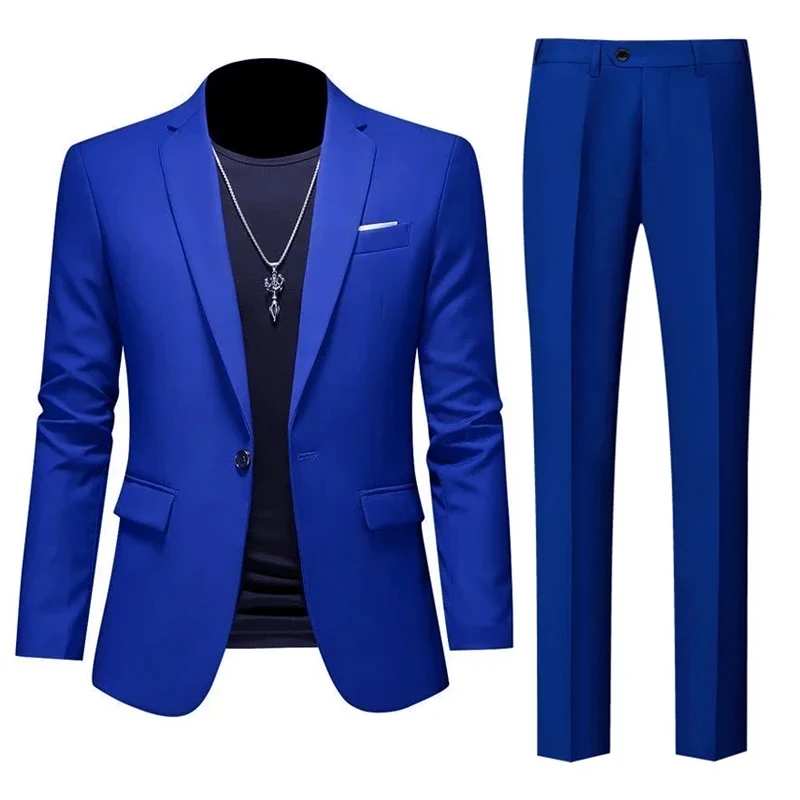 17 Color ( Jacket + Pants ) Solid Color Casual Business Official Office Men's Suit 2Pcs Set Groom Wedding Dress Blazer Trousers